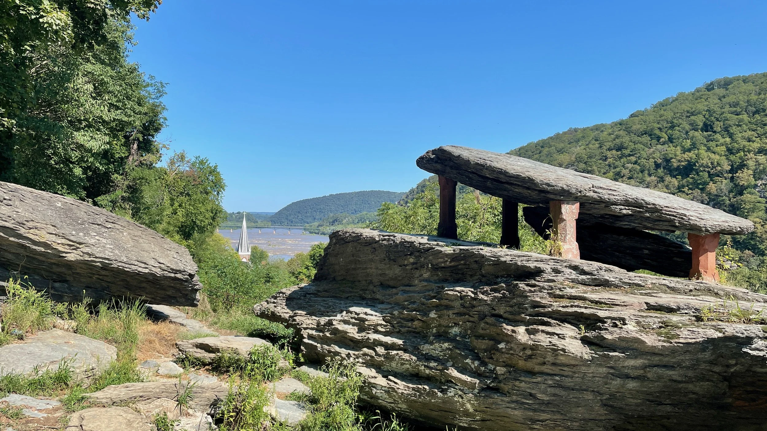 Scenic view of a river with a bridge in the distance, greenery, large weathered rocks in the foreground, and a hillside covered in trees under a clear blue sky.