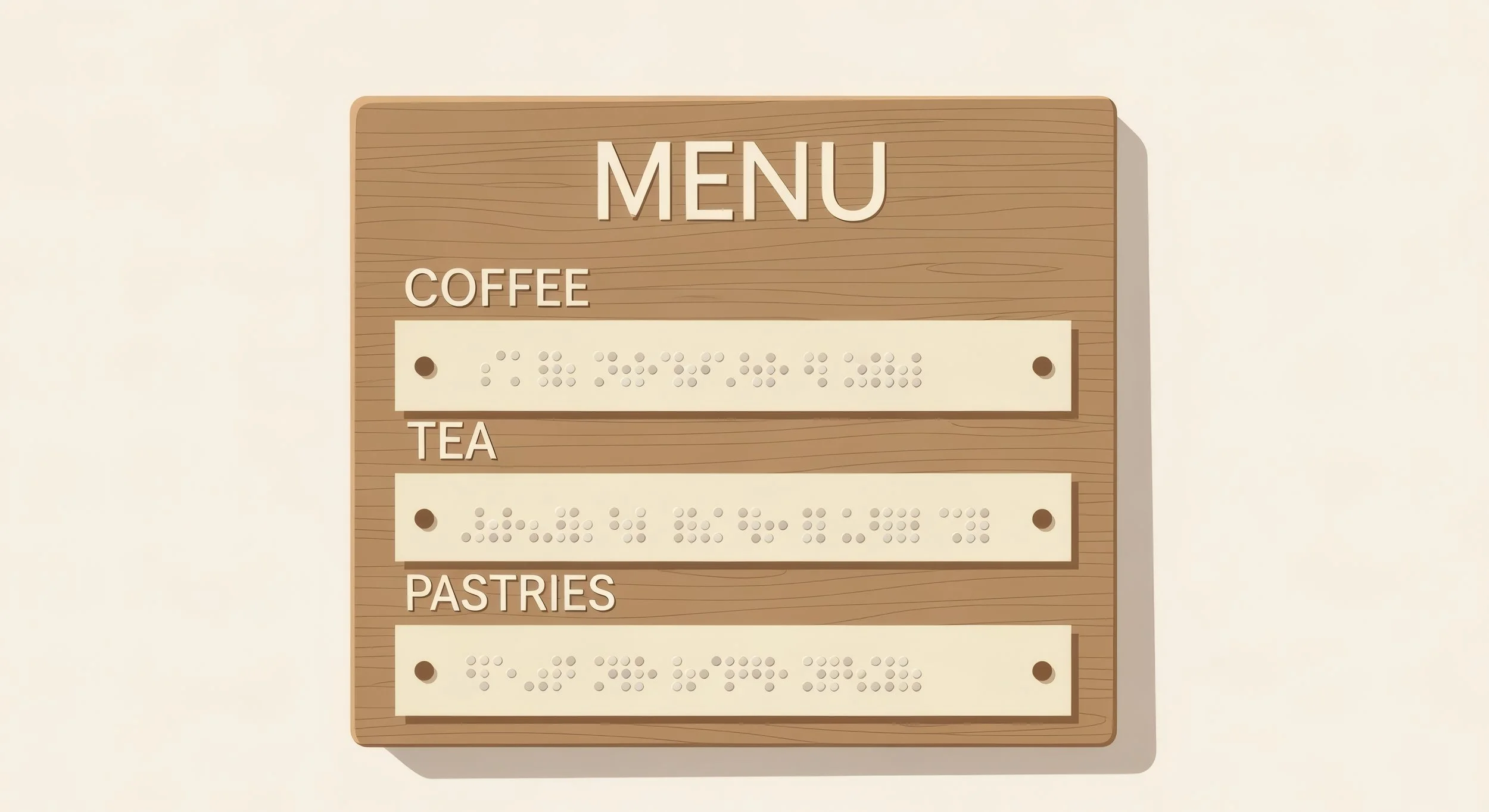 A menu show coffee, tea, and pastries in both print and braille.