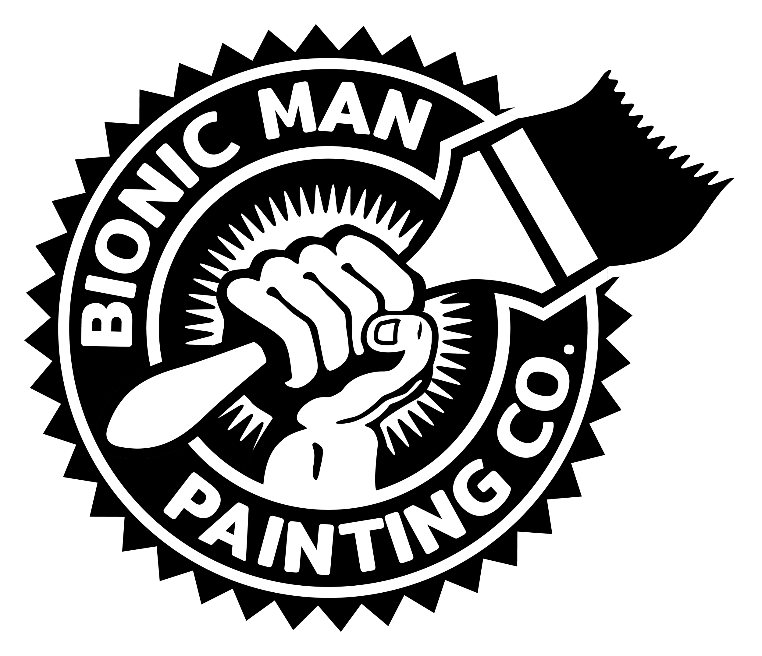 A black and white circular logo for the 'Biotic Man Painting Co.' featuring a clenched fist holding a paintbrush with paint on its tip, with a banner across the top reading 'Biotic Man,' and text around the bottom reading 'Painting Co.'