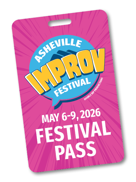 Purple festival pass badge for the Asheville Improv Festival, held May 6-9, 2026, featuring a blue circle with the festival name and dates, and yellow text saying "IMPROV" on the badge.