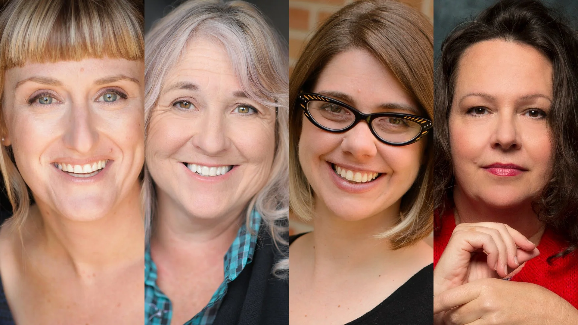 Four women with different hair colors and styles, smiling and looking at the camera, posed side by side.