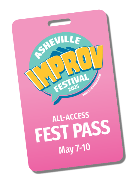 Pink all-access festival pass badge for Asheville Improv Festival 2023, scheduled from May 7 to 10, featuring the festival logo and dates.