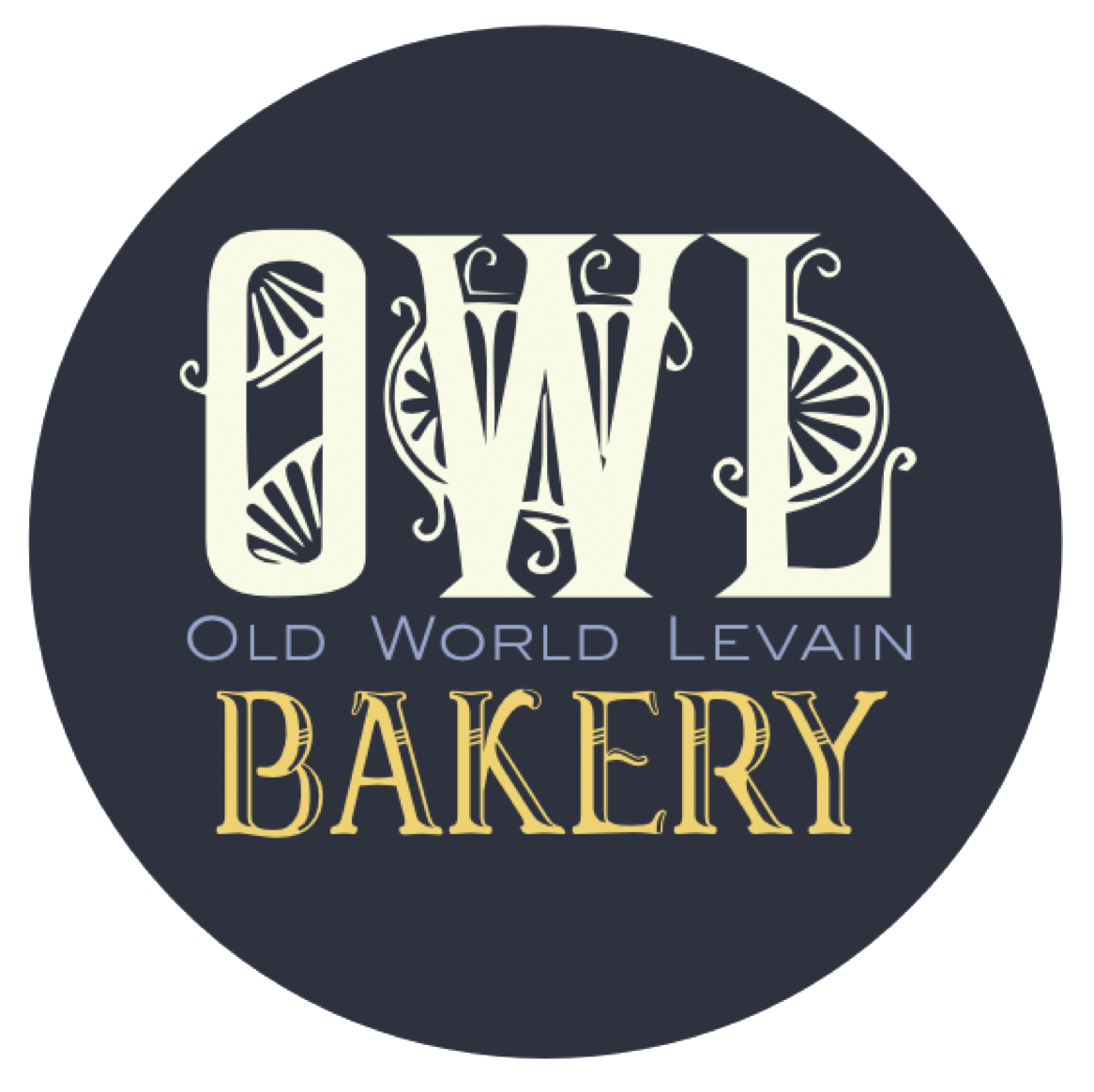 Logo for Old World Levain Bakery with decorative lettering and a dark background