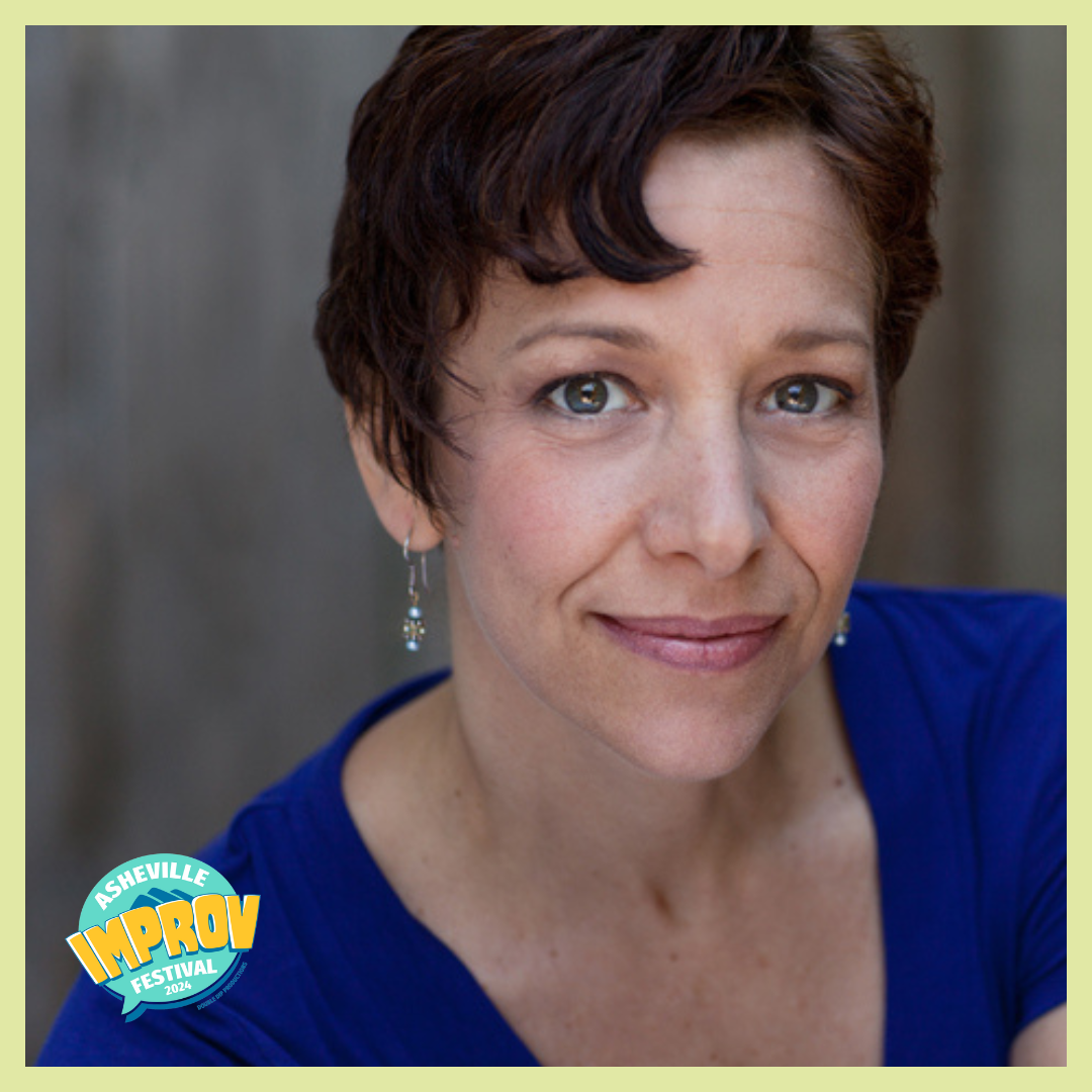 Close-up portrait of a woman with short brown hair and blue eyes, wearing a blue top and earrings, smiling gently, with a blurred background. Asheville Improv Festival 2024 logo in the bottom left corner.