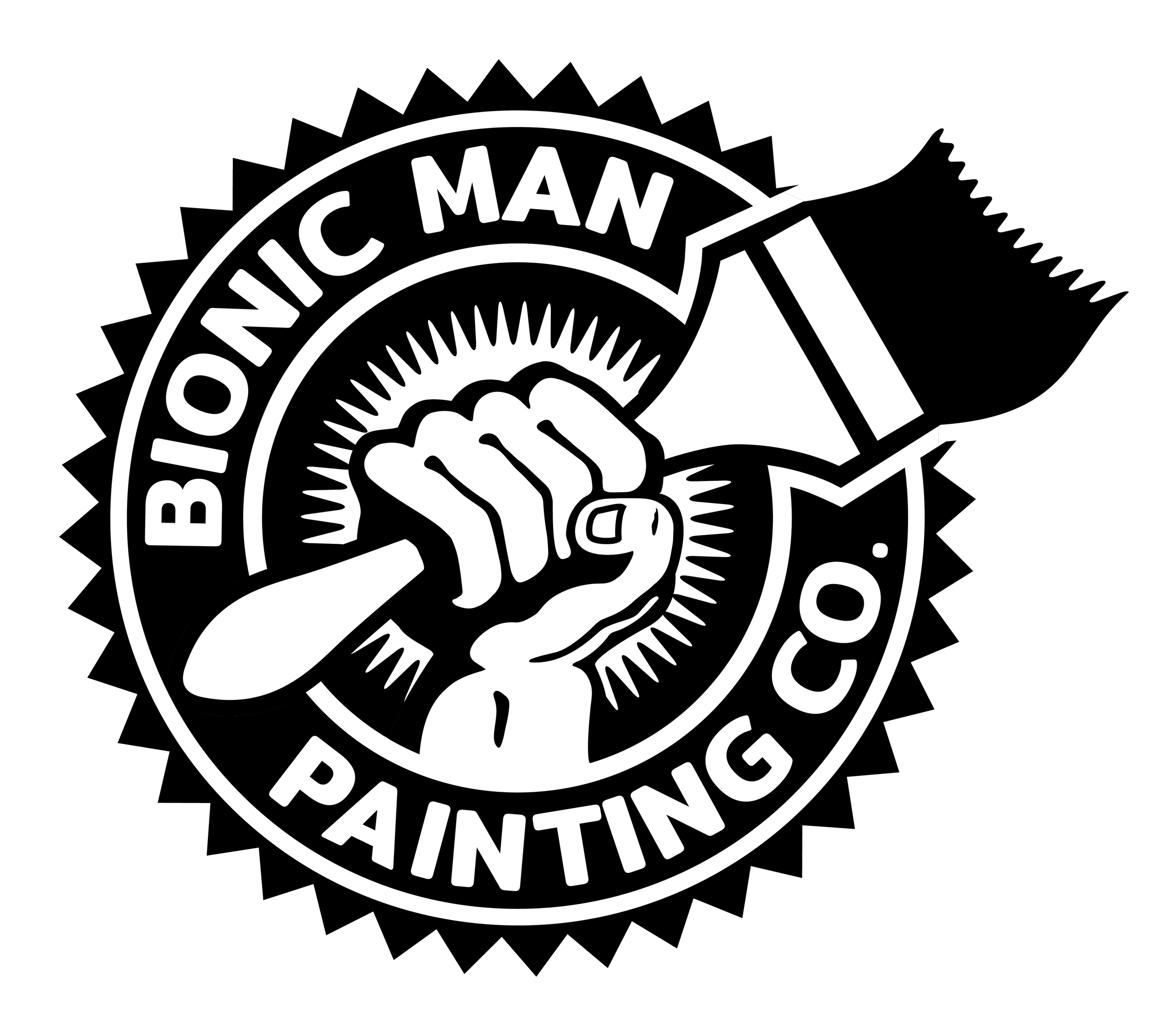 Black and white logo of a tattoo artist with a raised fist holding a tattoo machine, surrounded by a jagged border and the text 'BIONIC MAN PAINTING CO.'