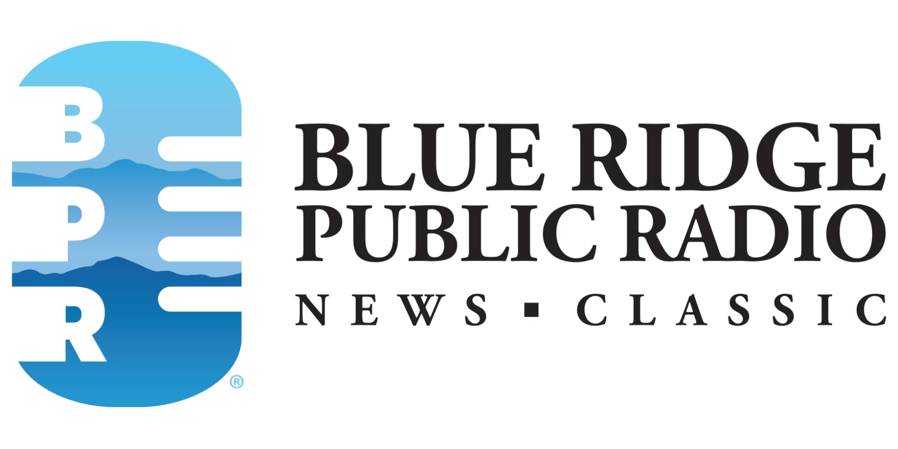 Logo of Blue Ridge Public Radio featuring a stylized blue mountain with three layers, and the text 'Blue Ridge Public Radio News Classic'.