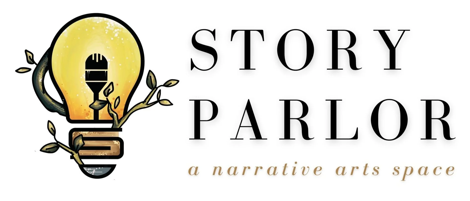 Logo for Story Parlor, a narrative arts space. Features a stylized light bulb with a microphone inside, surrounded by a branch with leaves.