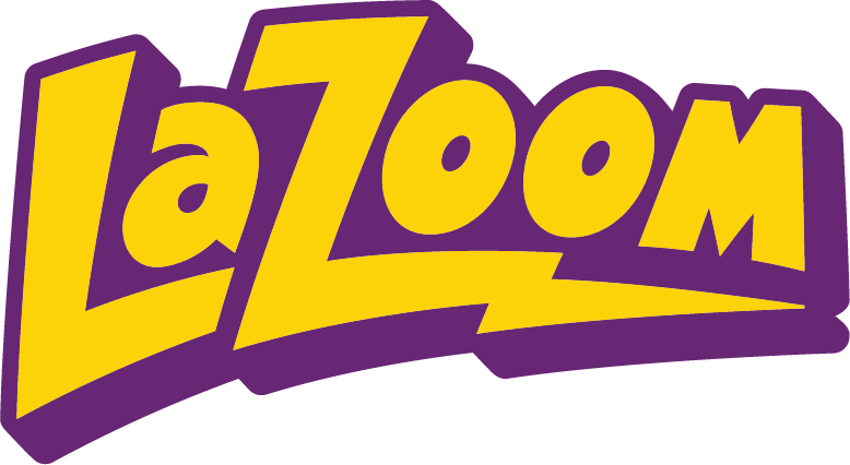 The word 'Lazoom' in bold yellow letters with purple shadow, stylized in a playful, comic font.