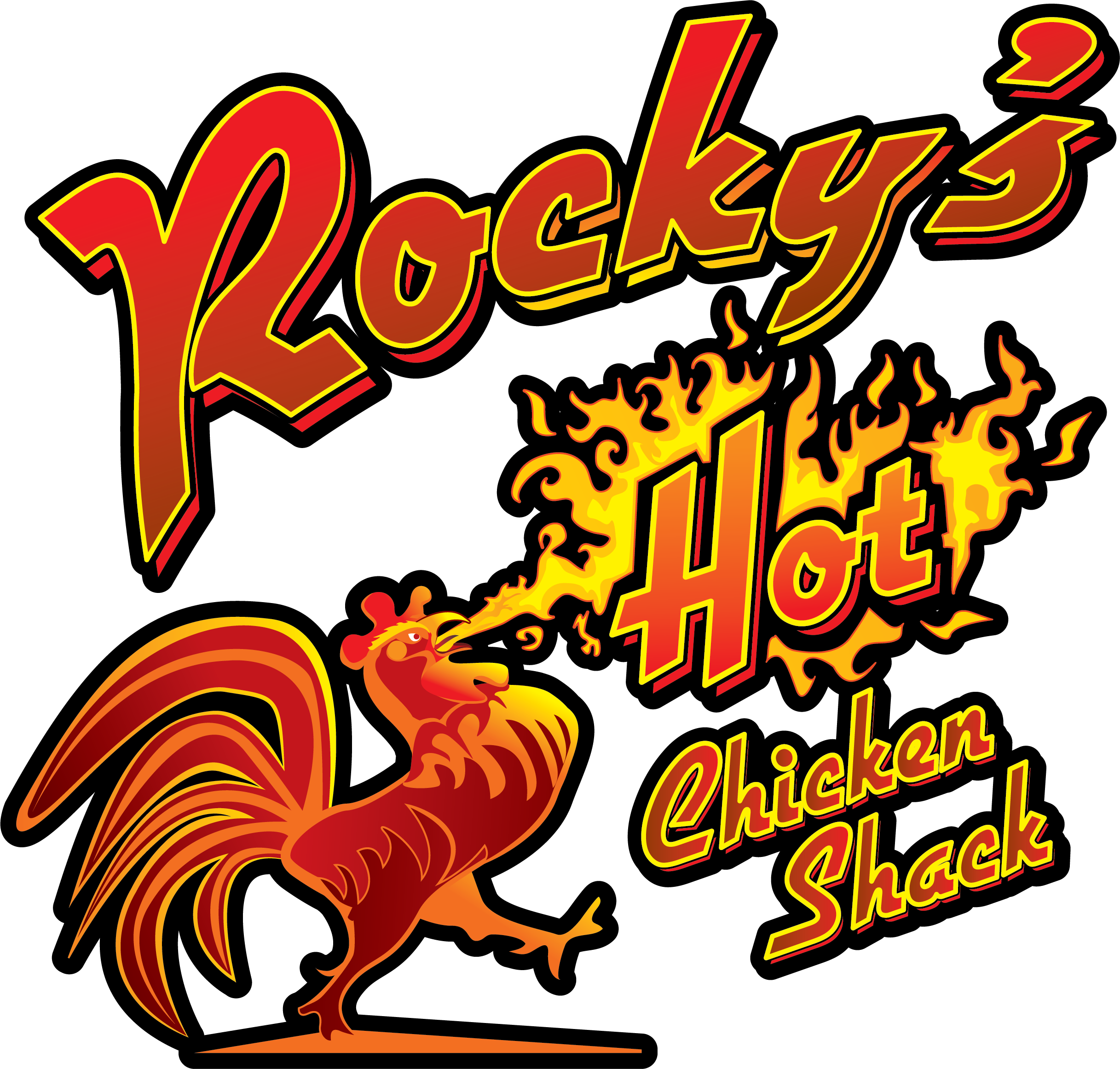 Logo for Rocky's Hot Chicken Shack with fiery text and a cartoon chicken breathing fire.