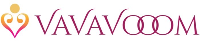 Logo with stylized heart and the word VAVAVOOM in purple lettering.