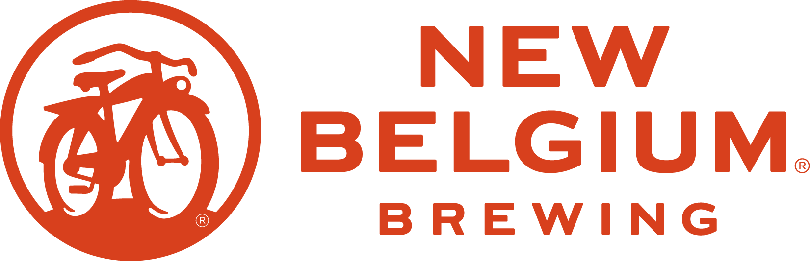 Logo for New Belgium Brewing featuring an orange circle with a stylized bison inside and the text 'NEW BELGIUM BREWING' in orange next to it.