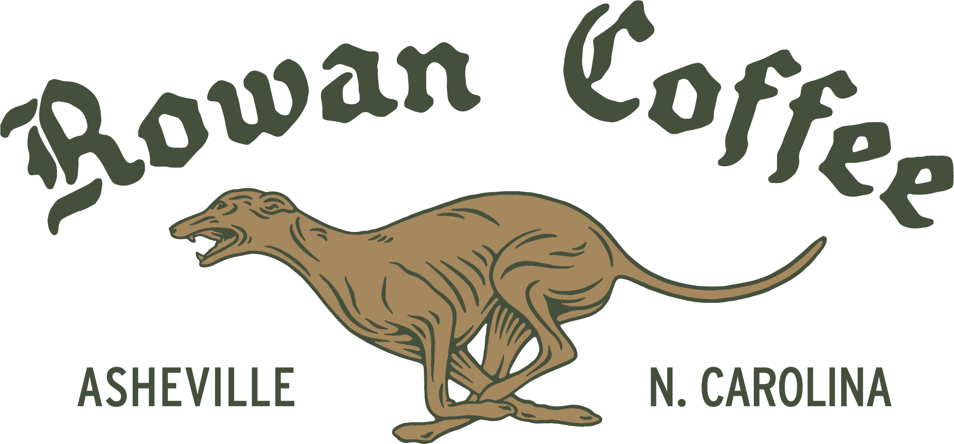 A logo for Rhowan Coffee featuring a stylized grayhound dog and the text 'Rhowan Coffee' with 'ASHEVILLE' and 'N. CAROLINA' at the bottom.