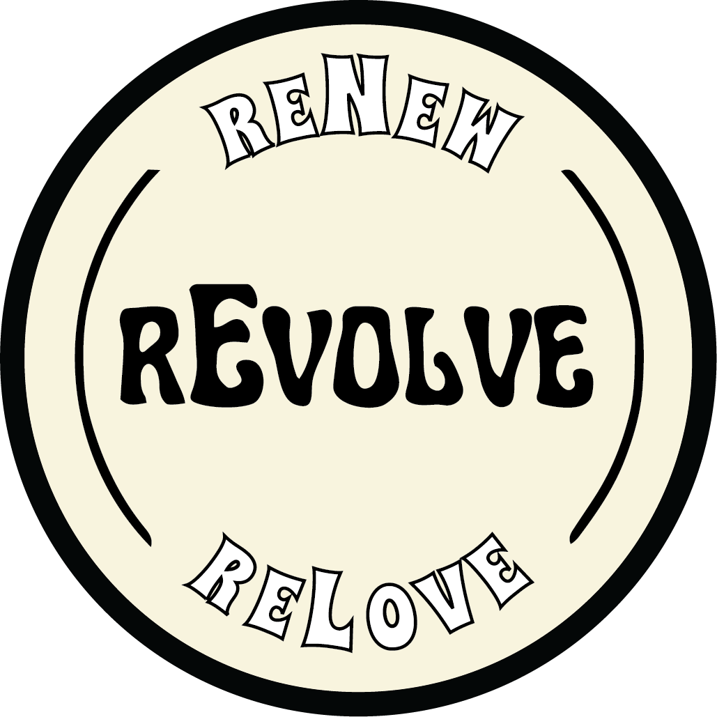 A circular design with the words 'Renew,' 'Revolution,' and 'Revolve' arranged around the circle, with 'Revolve' in bold in the center.