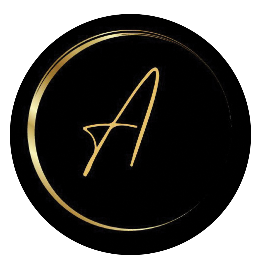 A black background with a gold crescent moon and circle, containing a stylized gold letter 'A' in the center.