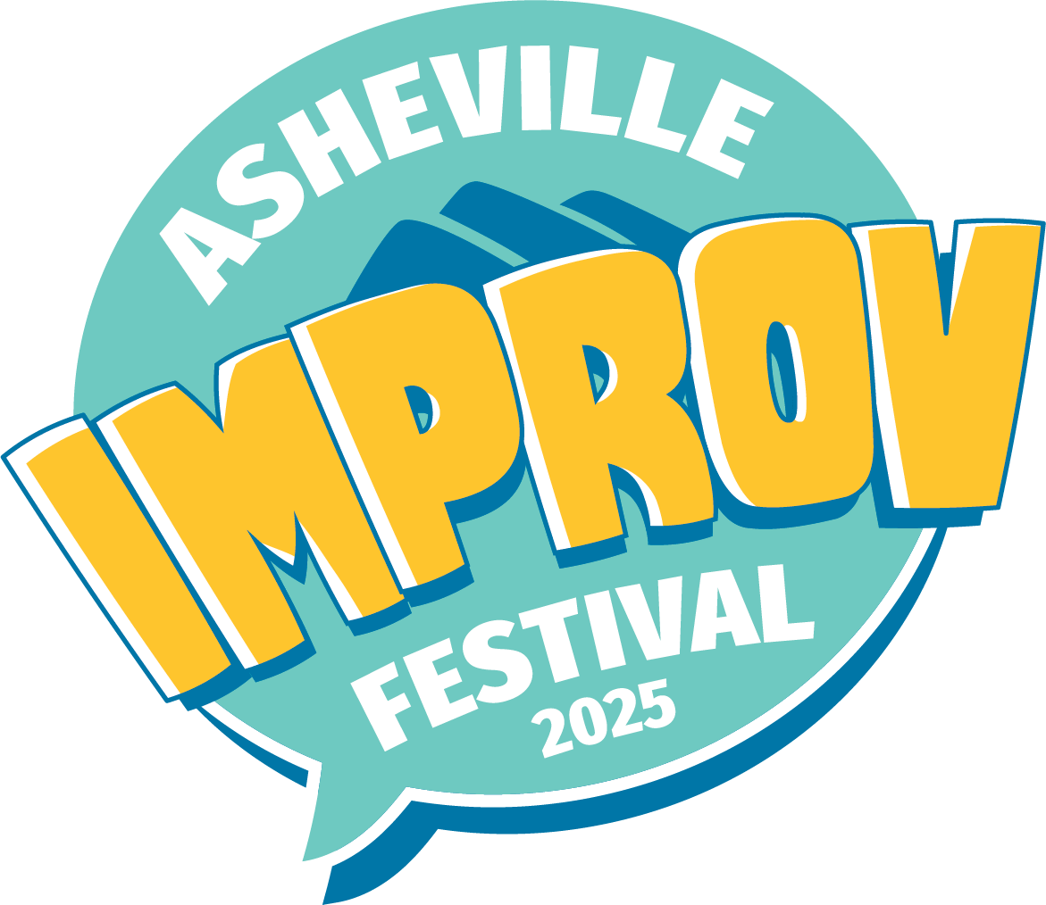 Logo for the Asheville Improv Festival 2025, featuring a speech bubble with the event name in bold yellow and white text on a teal background.