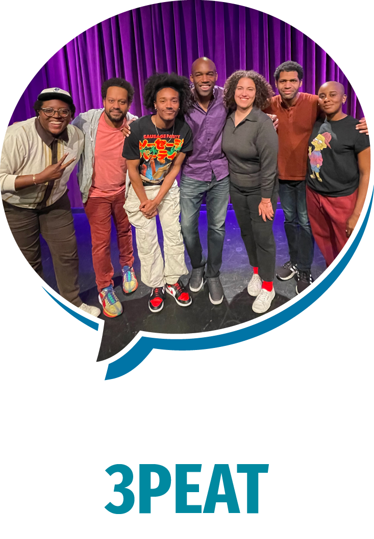 Group of seven diverse people standing on stage with purple curtains in the background, posing for a photo.