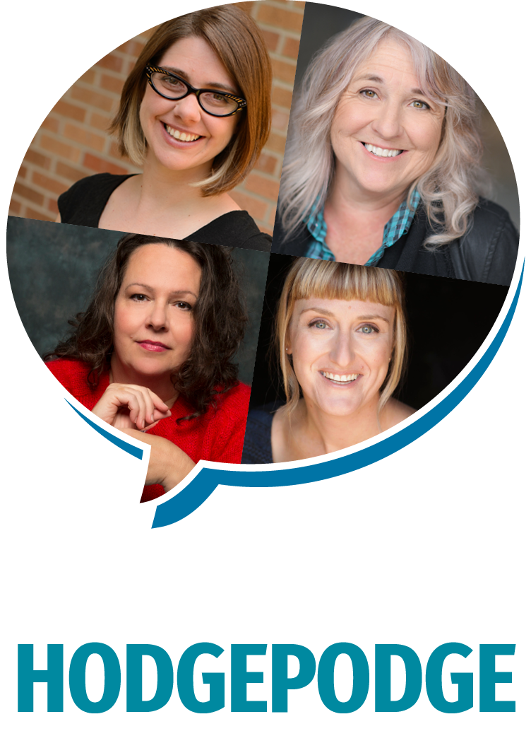 Composite graphic featuring four women in different headshots, with spaces for text and a speech bubble design.