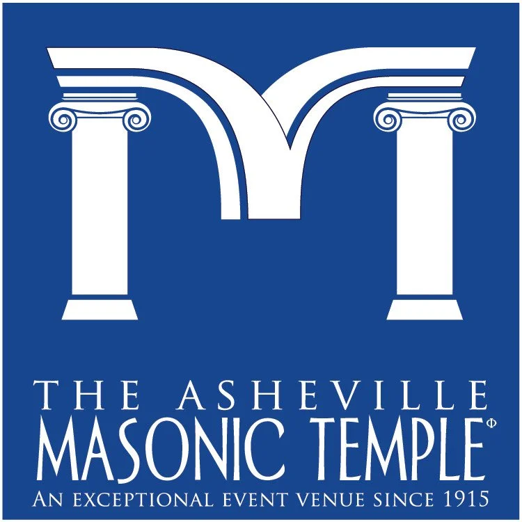 Logos of The Asheville Masonic Temple with two white pillars supporting an arch on a blue background, and the text 'The Asheville Masonic Temple, An Exceptional Event Venue Since 1915'.