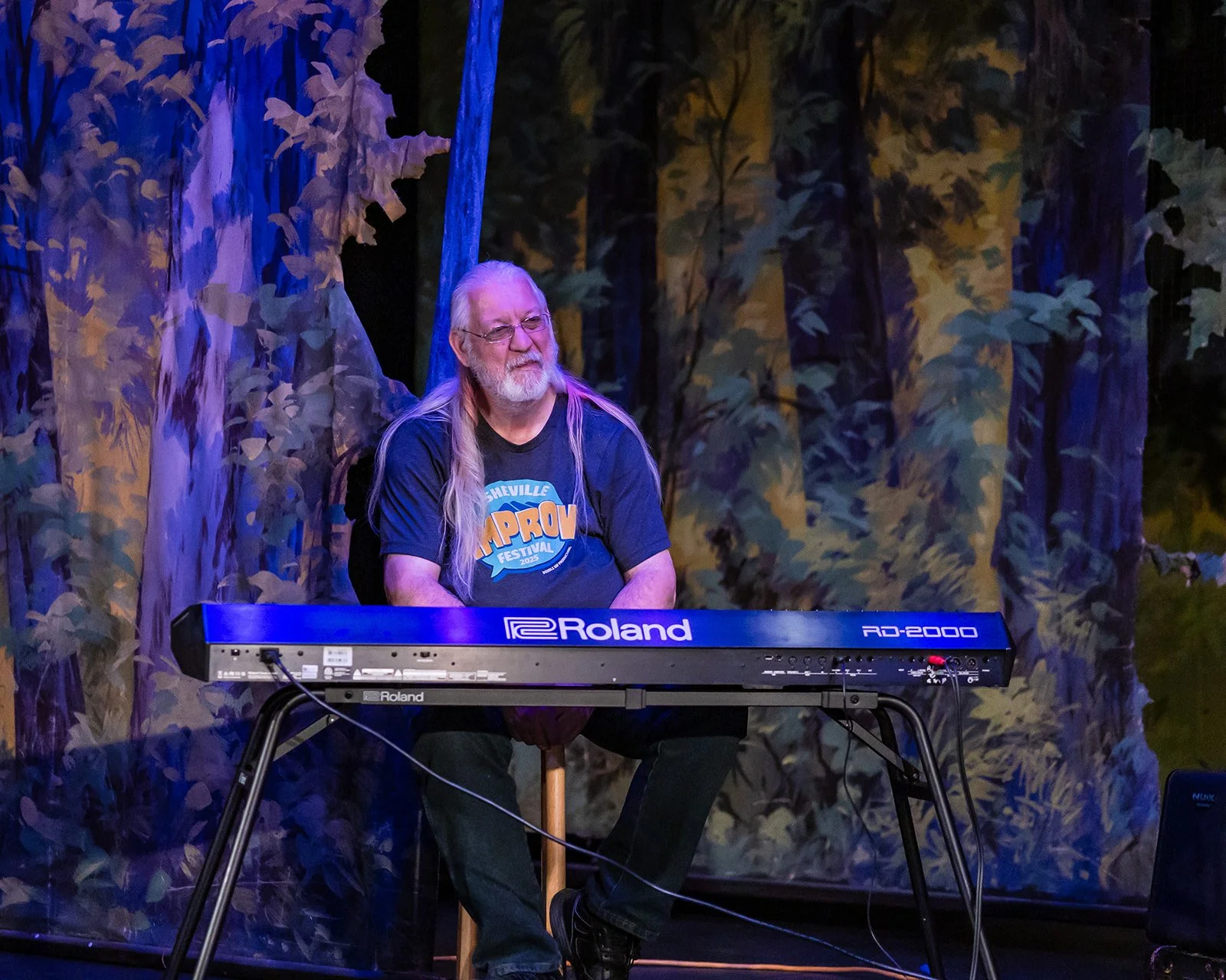 A man with long gray hair and beard playing a Roland keyboard on stage at a festival with a forest-themed backdrop.