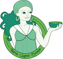 Illustration of a woman with green hair holding a bowl, with the text 'Gypsy Queen Cuisine' encircling her.