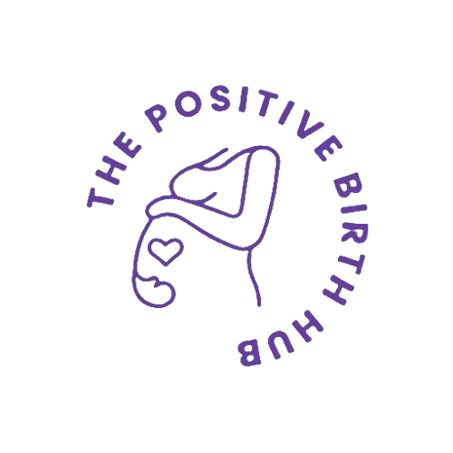 Outline drawing of a hand holding a drink with two hearts and a straw, surrounded by the text 'The Positive Birth Hub' in purple.