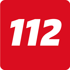 Emergency number 112 in white text on red background