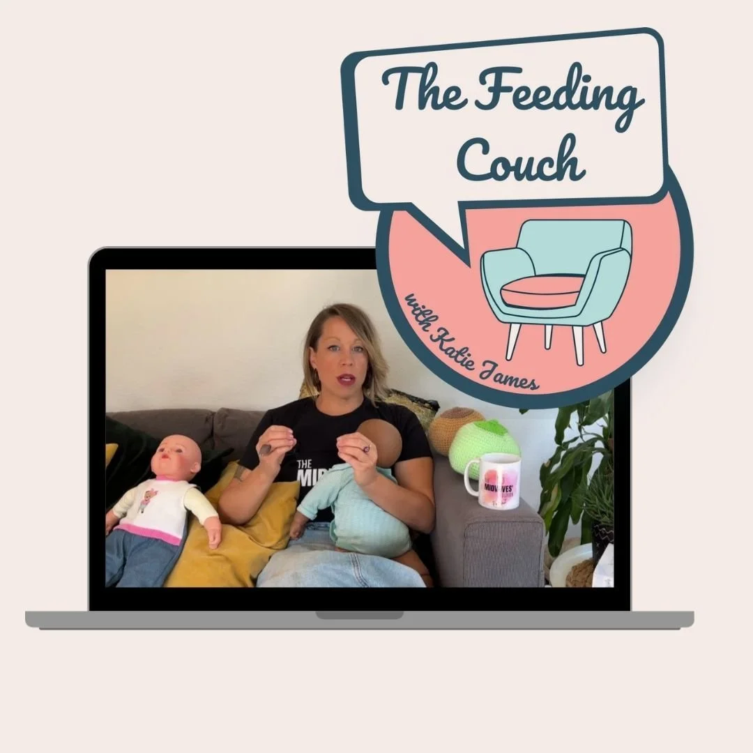 Laptop displaying a video of a person demonstrating with dolls, surrounded by text and graphics for 'The Feeding Couch with Katie James.'