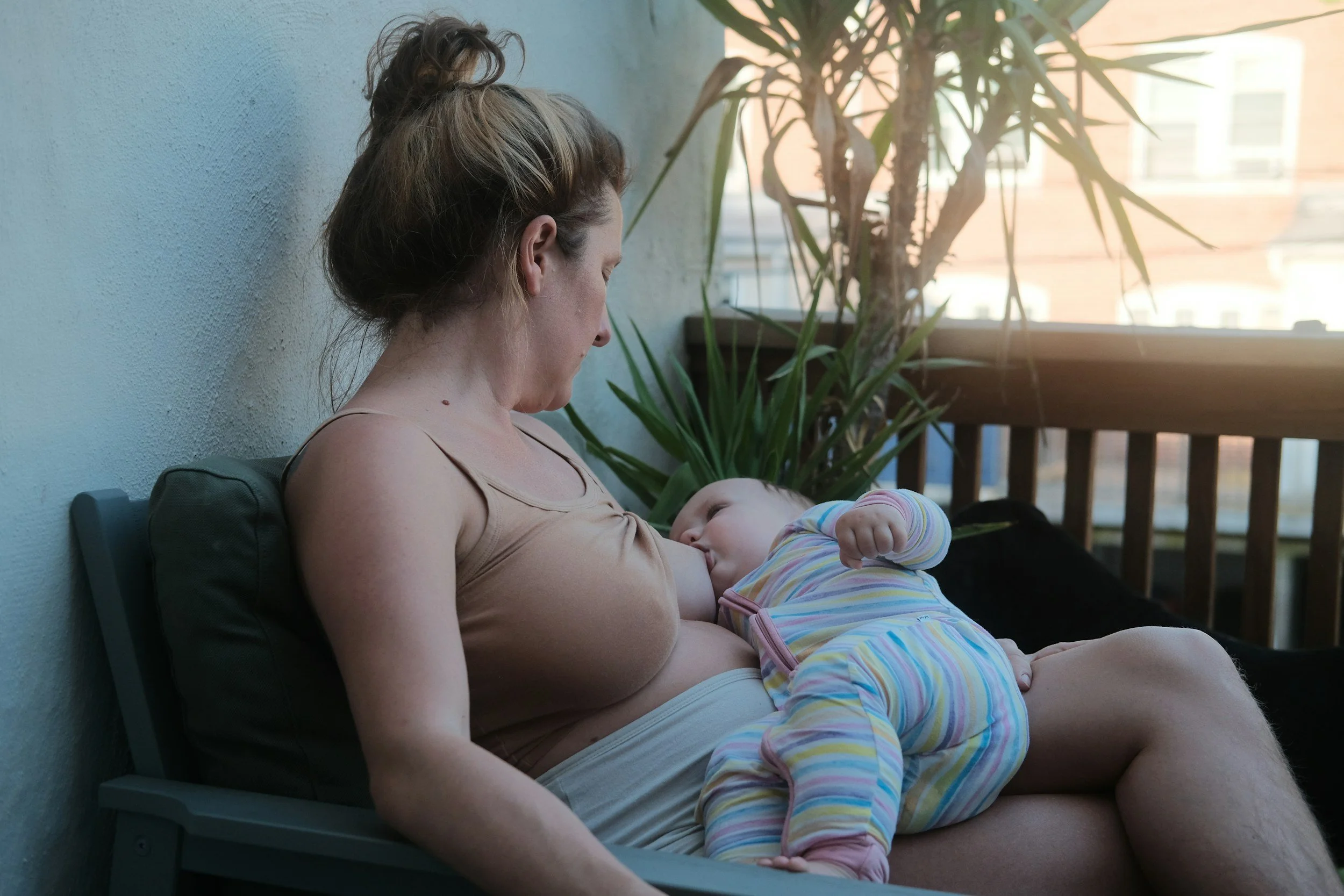 Woman breastfeeding a baby on a couch in a sunlit room with a large plant and window in the background.