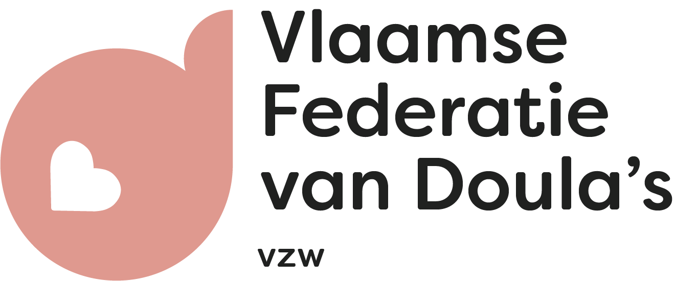 Logo of Vlaamse Federatie van Doula's with a pink circle and a black heart inside, and black text to the right reading "Vlaamse Federatie van Doula's VZW".
