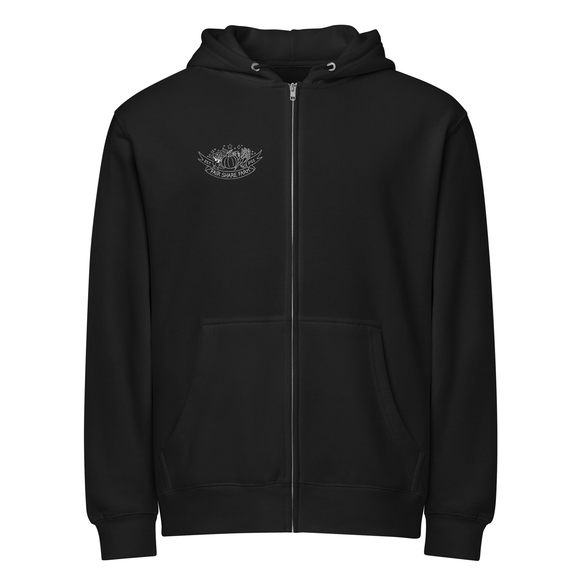 Fair Share Farm zip up hoodie in black front