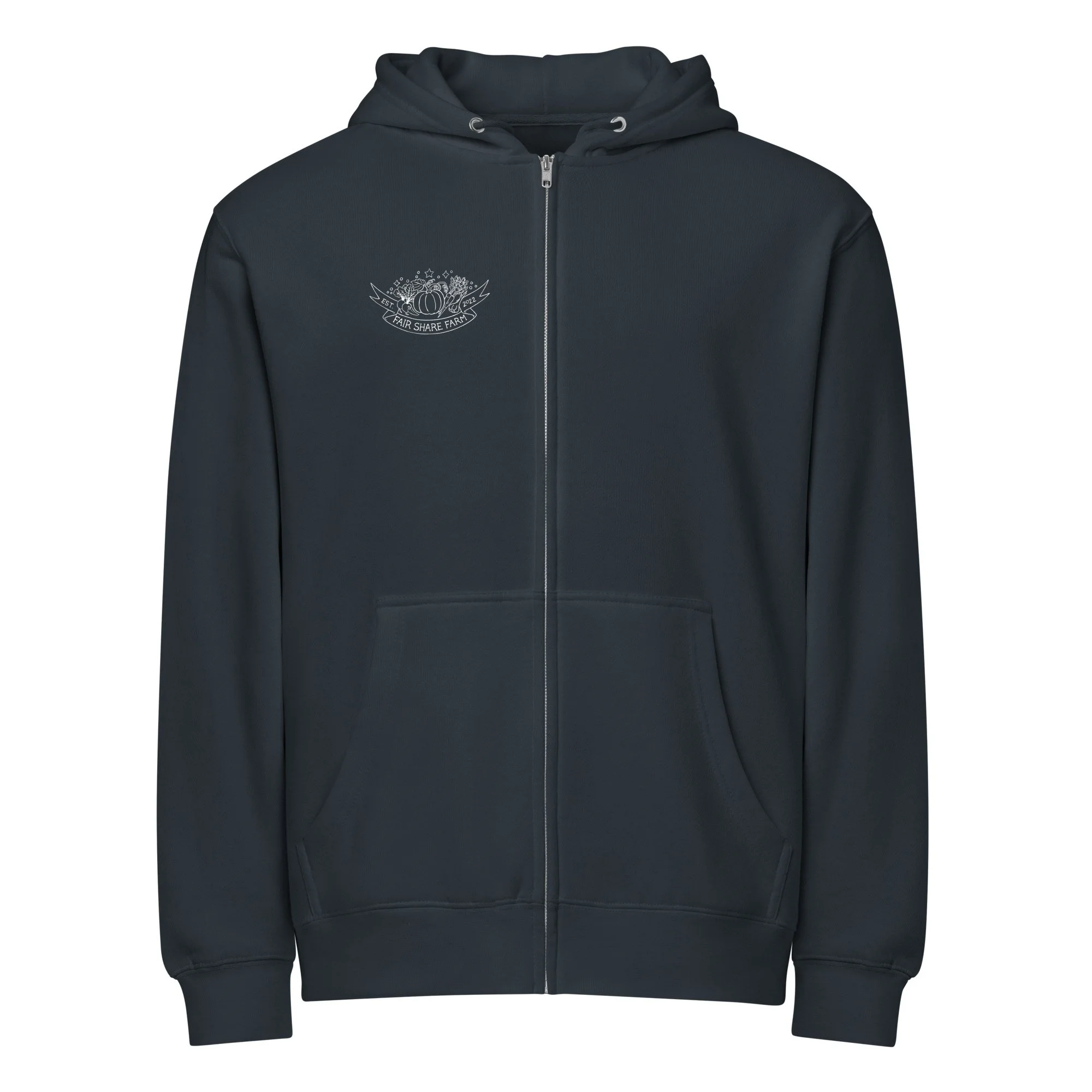 Fair Share Farm zip up hoodie in navy front
