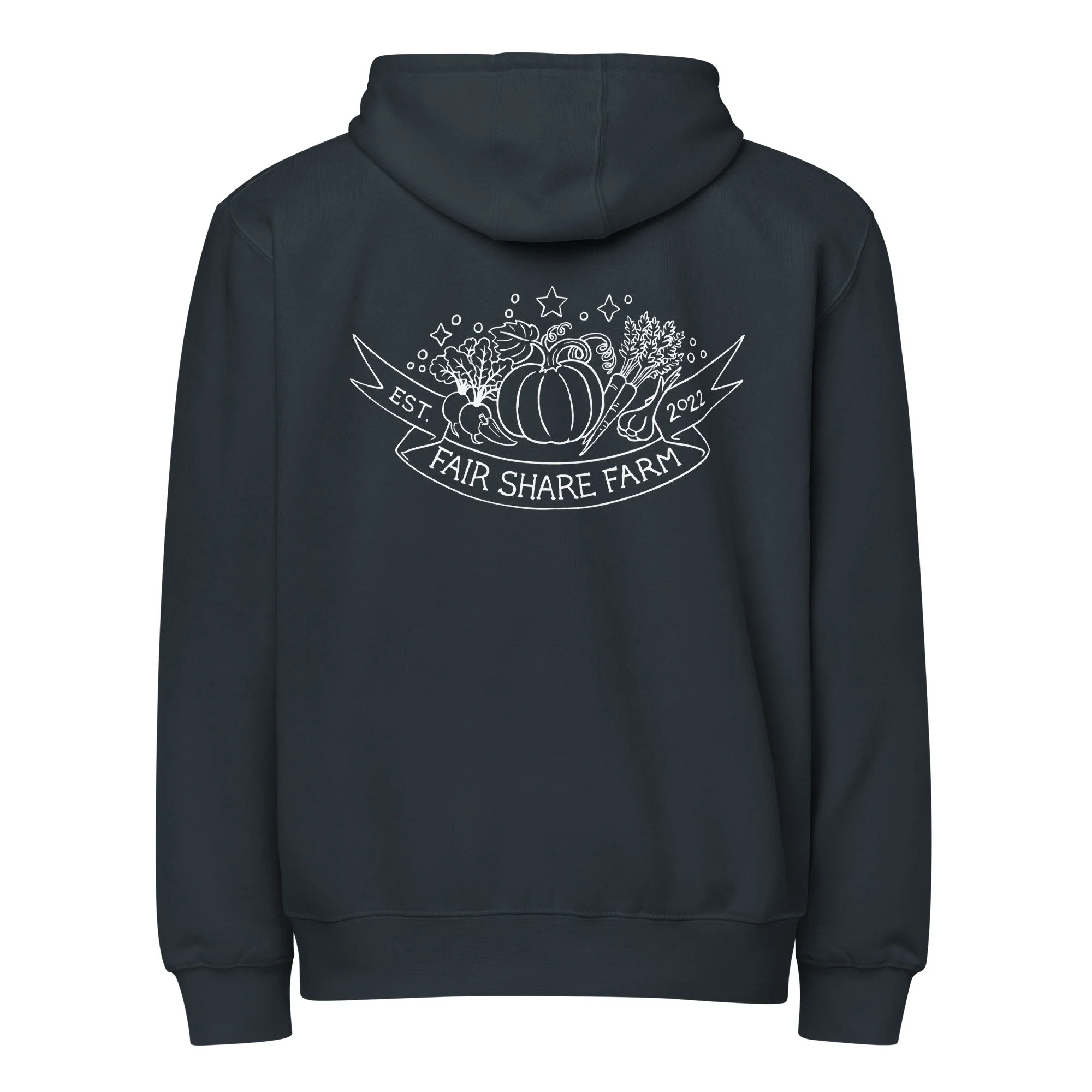 Fair Share Farm zip up hoodie in navy back