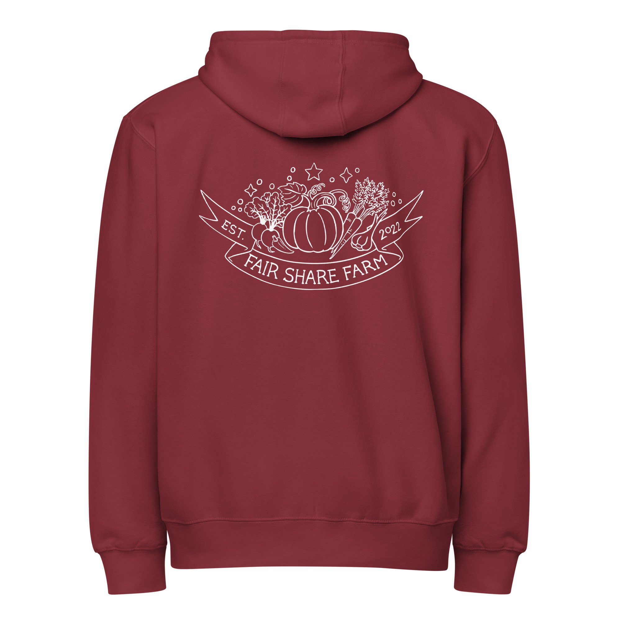 Fair Share Farm zip up hoodie in maroon back