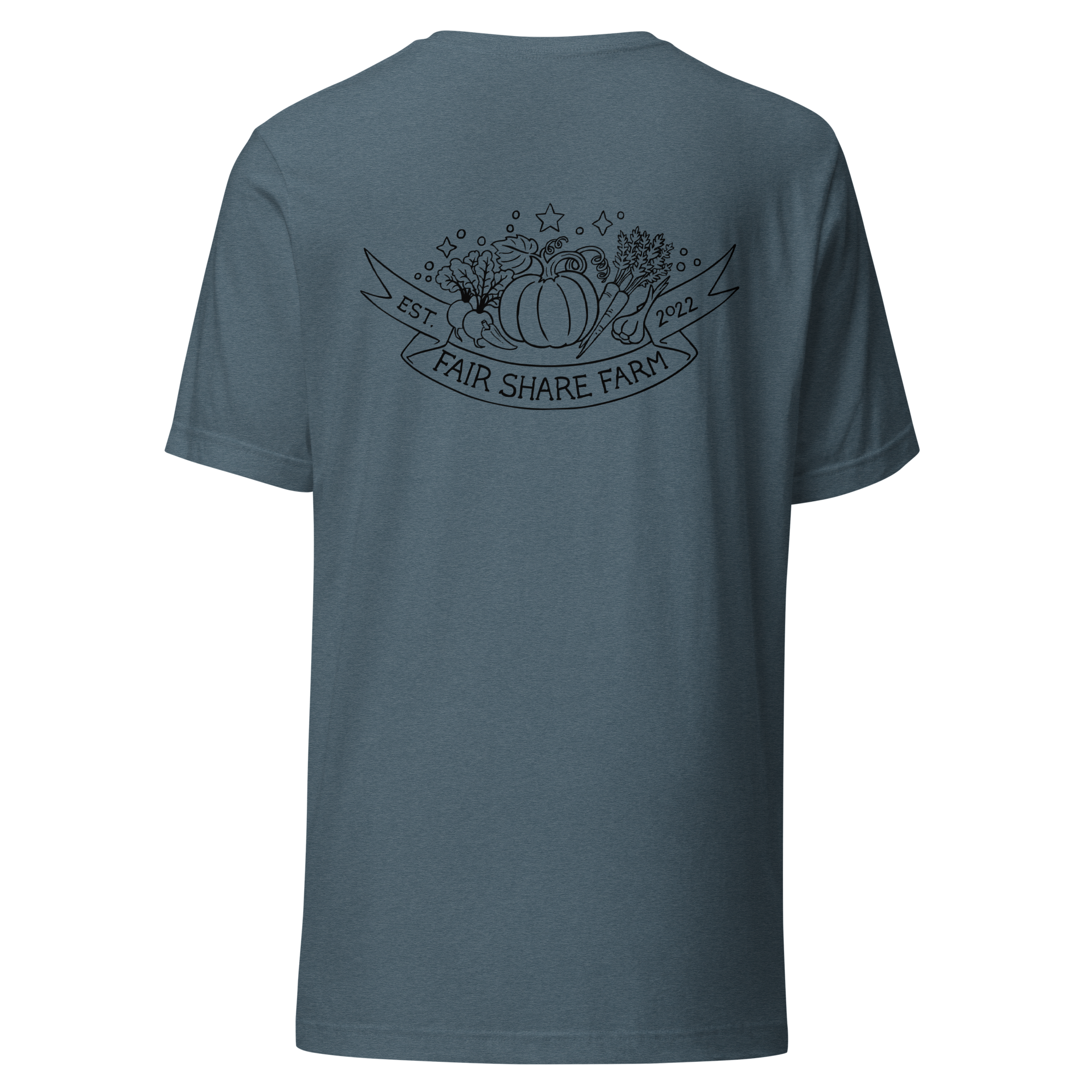 Fair Share Farm unisex t-shirt blue heather color black logo back