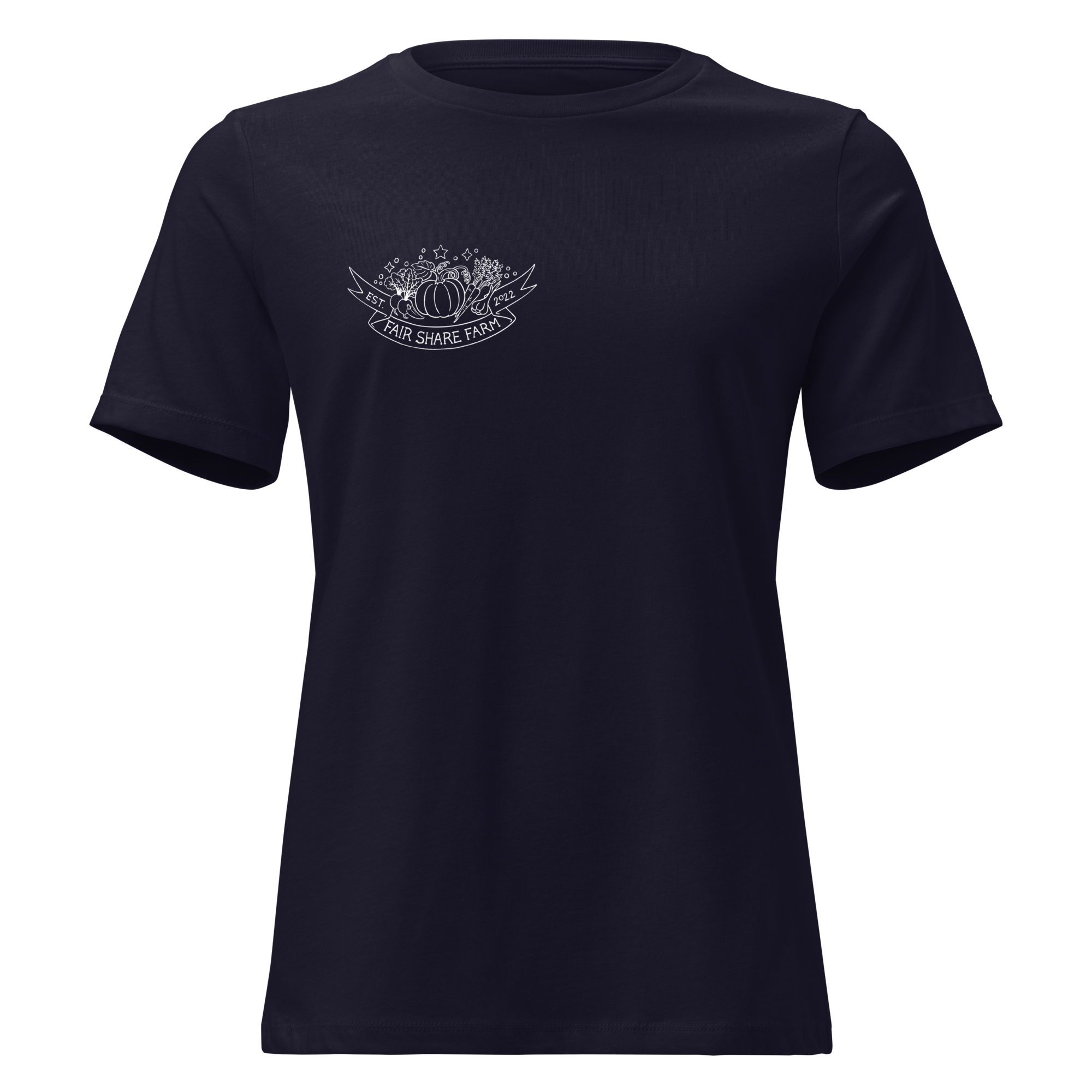 Fair Share Farm women's t-shirt dark navy with white logo front
