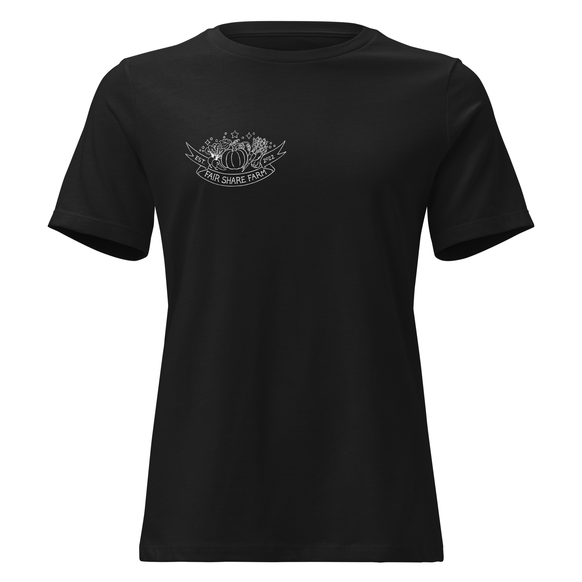 Fair Share Farm women's t-shirt black with white logo front