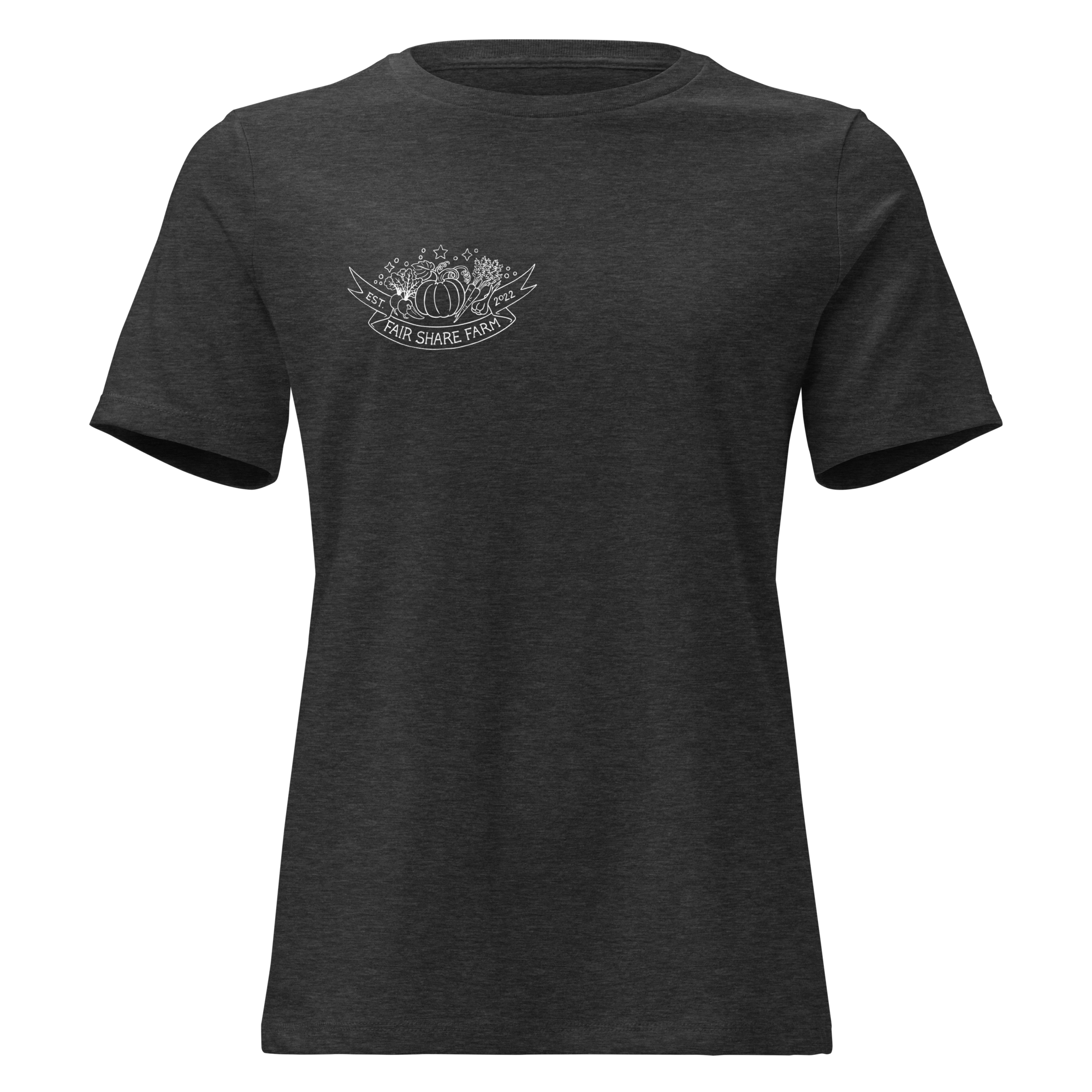 Fair Share Farm women's t-shirt dark gray heather with white logo front