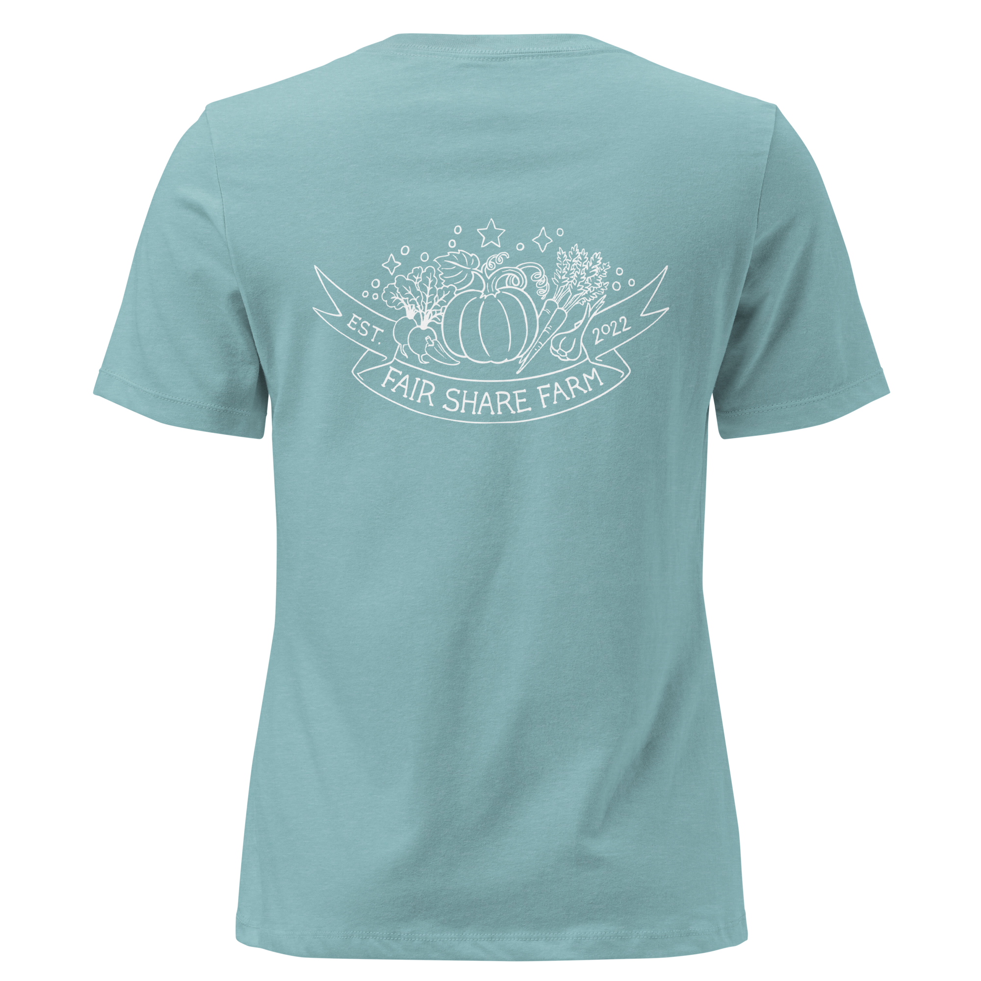 Fair Share Farm women's t-shirt light blue with white logo back