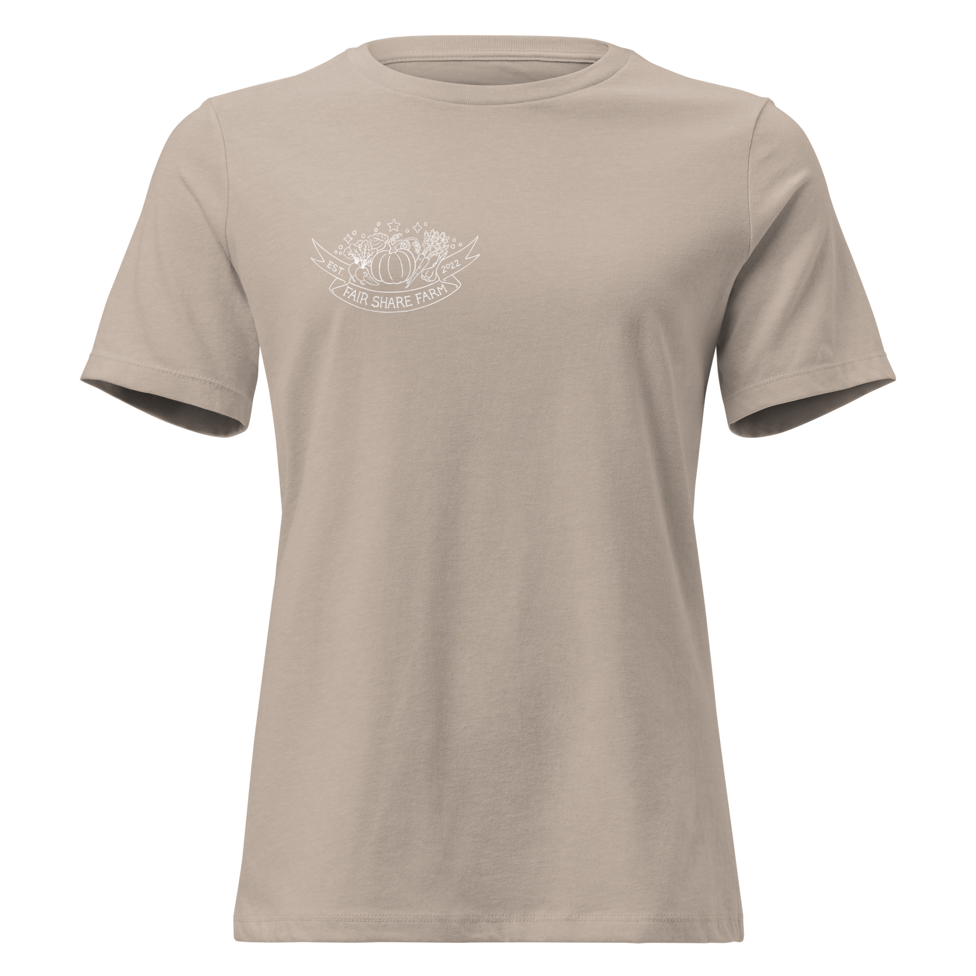 Fair Share Farm women's t-shirt tan with white logo front
