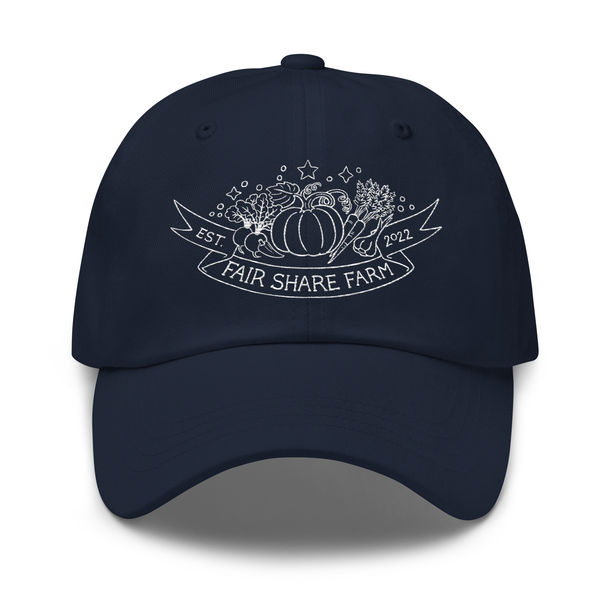 Fair Share Farm dad hat navy white logo front
