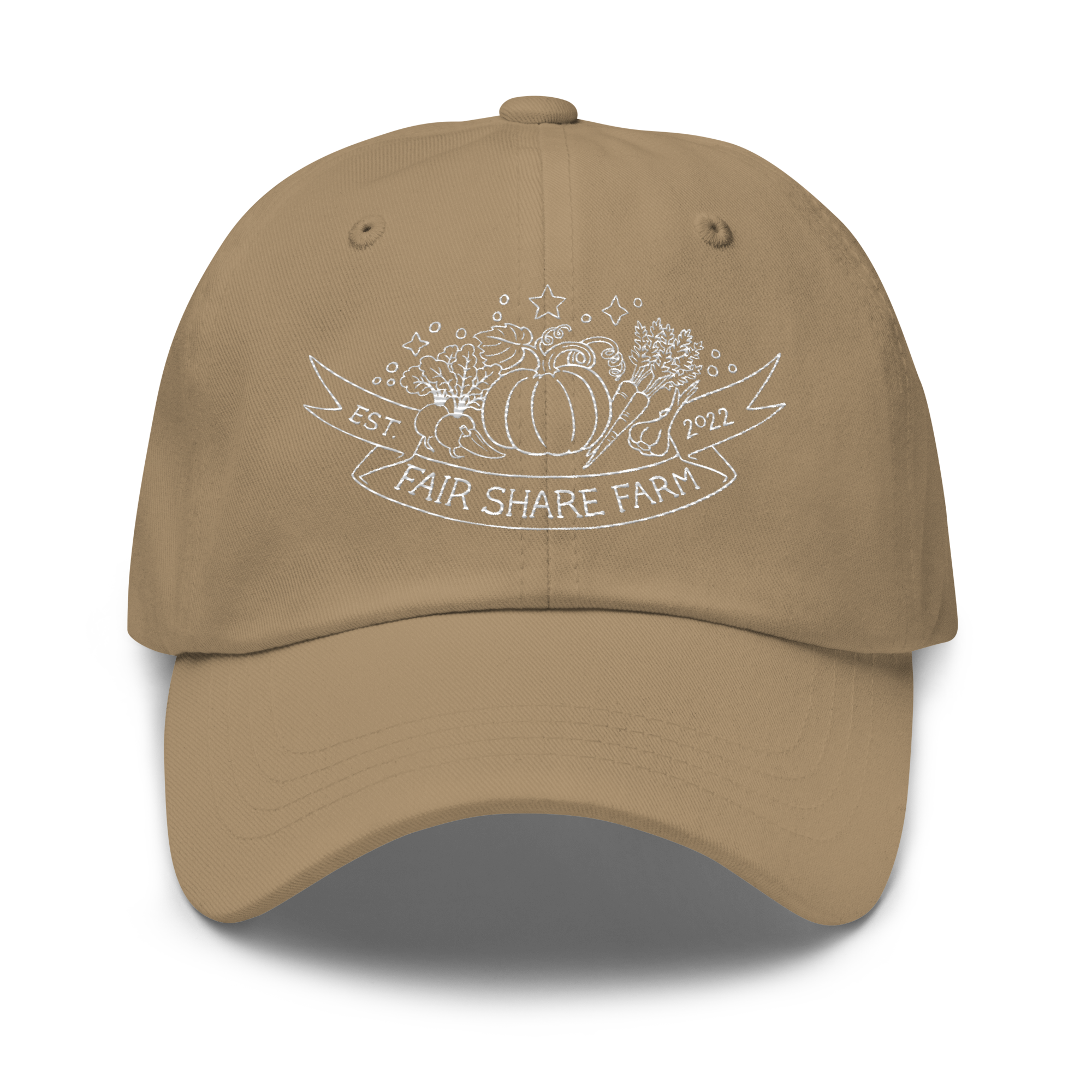 Fair Share Farm dad hat tan with white logo front