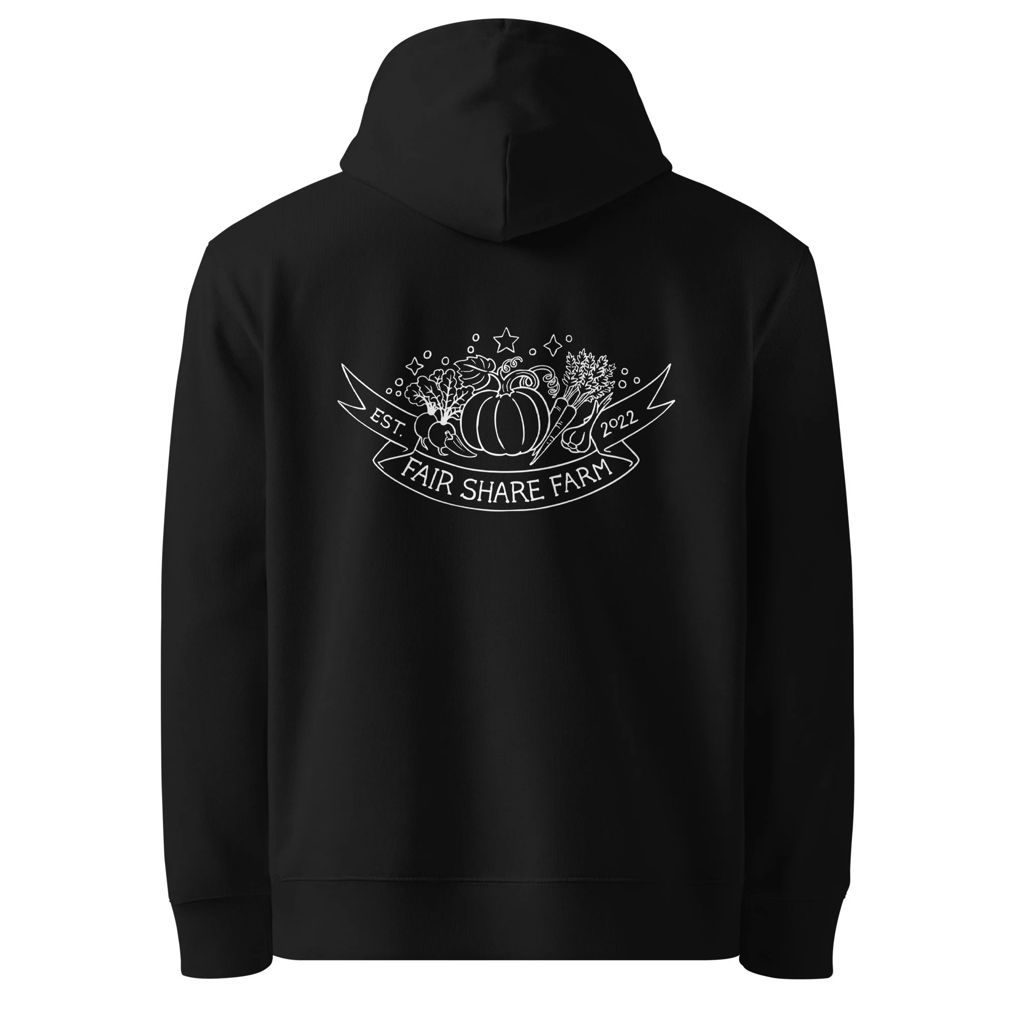 Fair Share Farm organic cotton hoodie black with with logo back