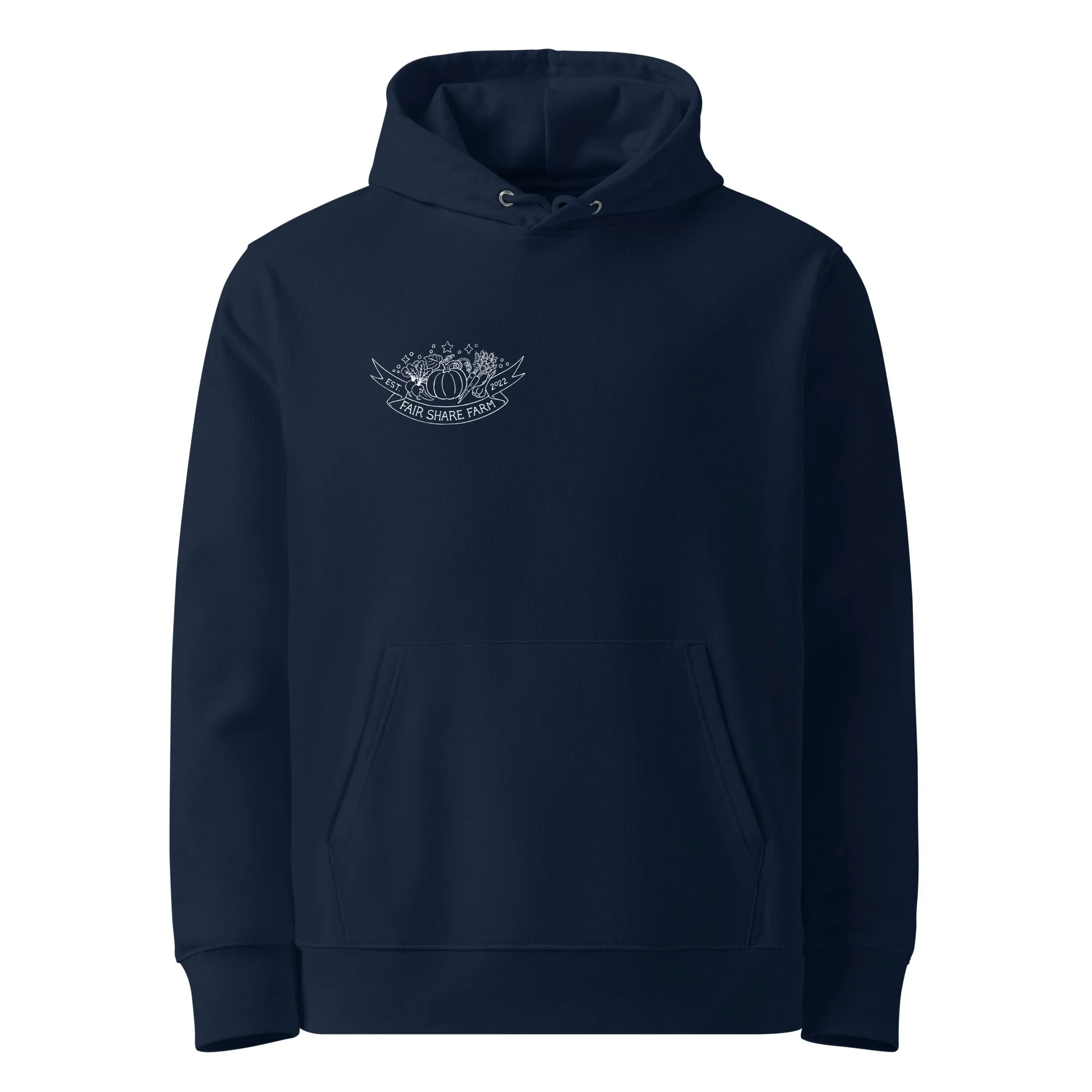 Fair Share Farm organic cotton hoodie navy blue with with logo front