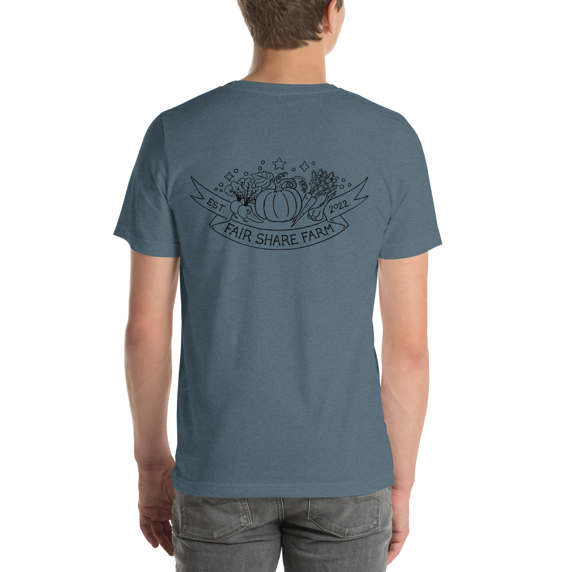 Fair Male model wearing Fair Share Farm unisex t-shirt blue heather color black logo back