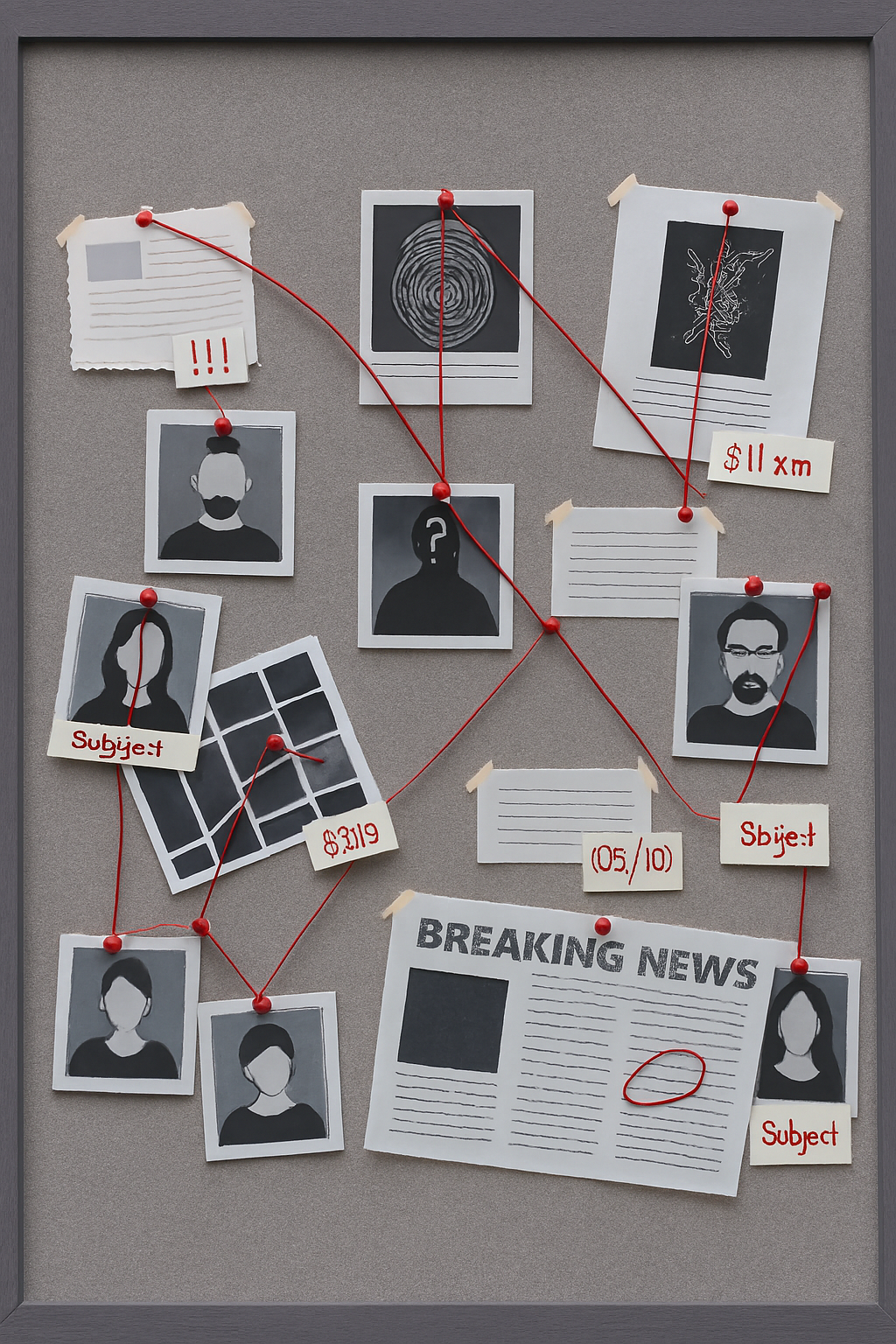 A bulletin board with black-and-white photos, red string connections, and notes, resembling a crime investigation or detective case board.