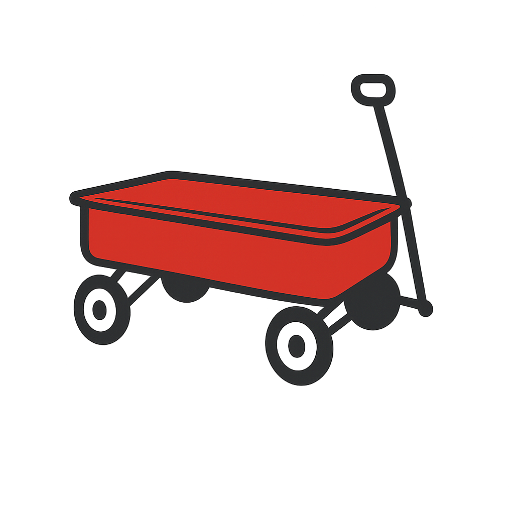A toy red wagon with black wheels and a black handle.