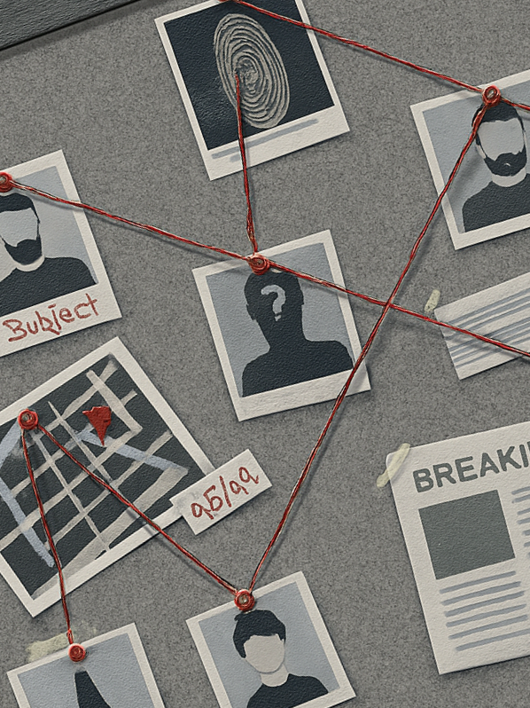 Investigation board with photos of people, a fingerprint, and notes connected by red strings, suggesting a crime or case investigation.