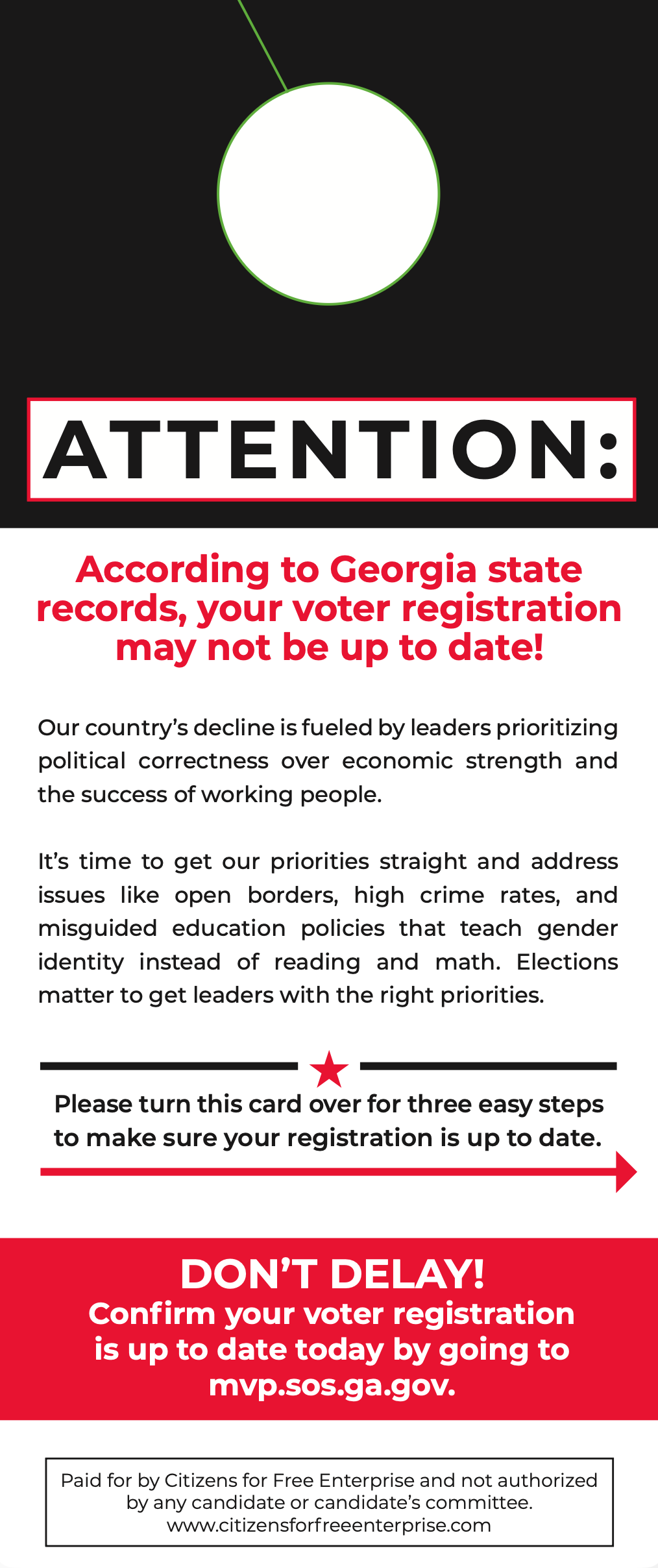 A file photo of a campaign sample or informational flyer about voter registration in Georgia, with text emphasizing the importance of keeping voter registration up to date.