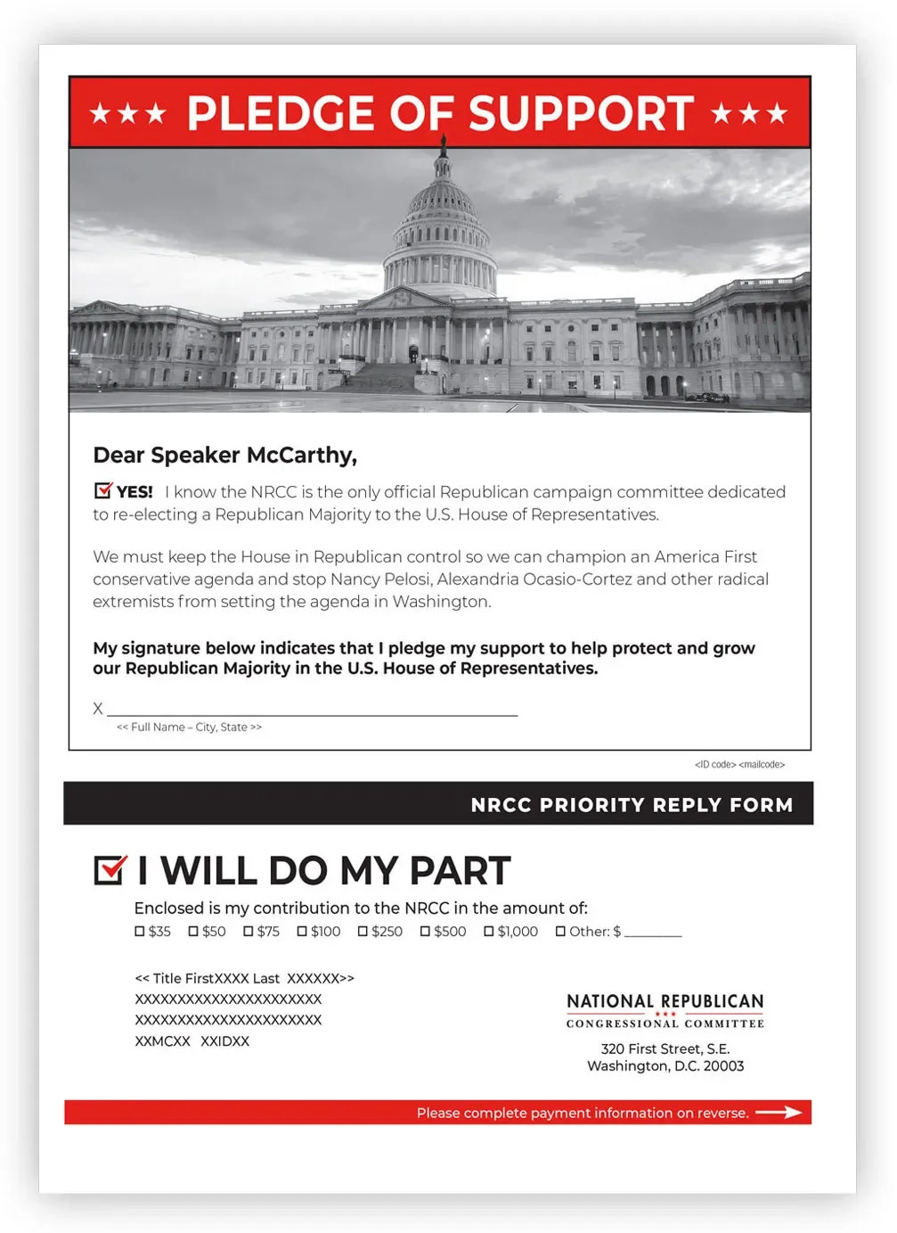 A political campaign pledge form from the National Republican Congressional Committee