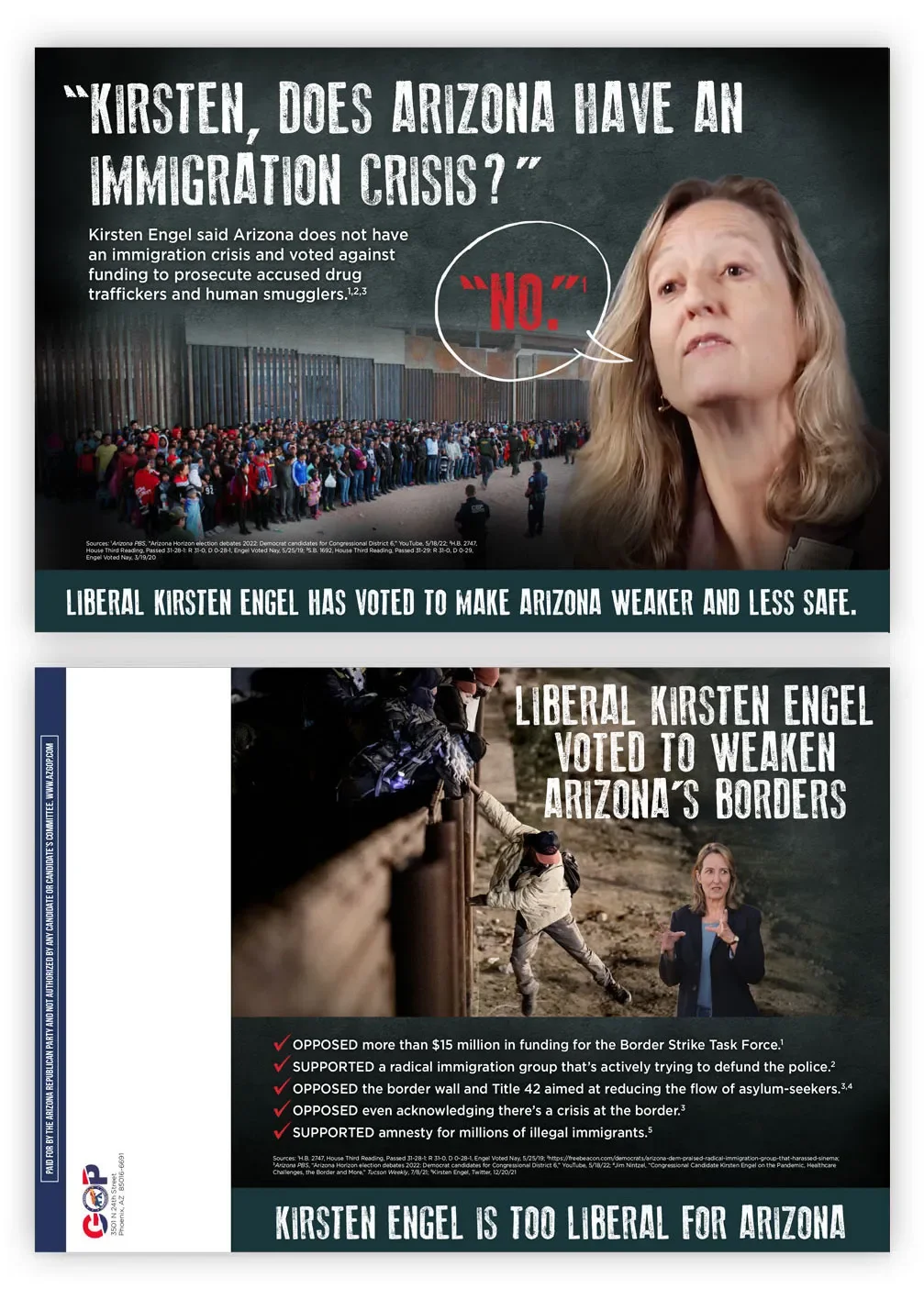 A political protest poster with images and text criticizing Kirsten Engel's stance on immigration and border security. It features a large crowd at a border fence, a woman's face with a speech bubble saying 'NO,' and another photo of border enforcement. The poster argues that Kirsten Engel has voted to weaken Arizona's borders and supports radical immigration policies.